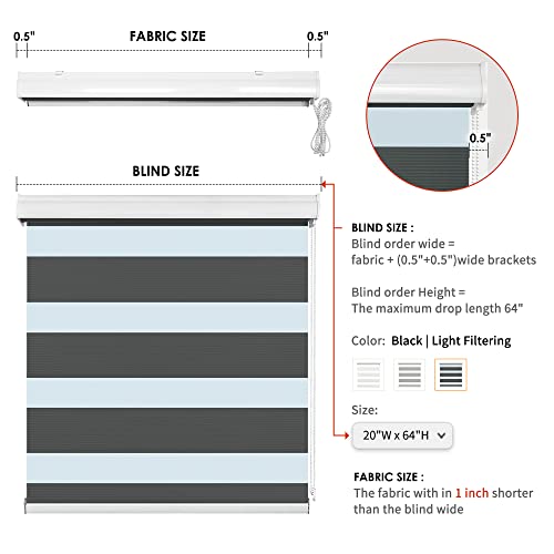 Allbright Zebra Window Blinds 20"W × 64"H Black For Home, Dual Layer Roller Shade, Room Darkening Shade Roll Up And Pull Down Blinds, Light Filtering Window Shades For Day And Night, Easy To Install #TOP2