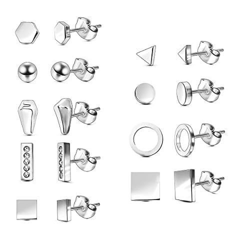 Achieer 9 pairs/Set Simple Vintage Geometric Crystal Stud Earrings Set Charm Trendy Gold/Silver Stainless Steel Punk Earrings Women Causal Jewelry Accessories Gift Cover