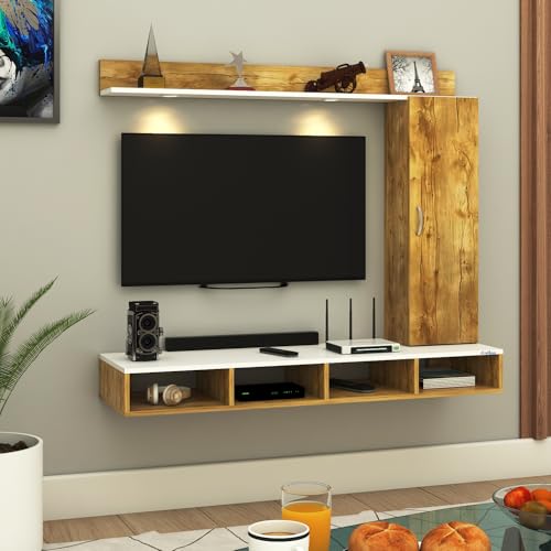 Image of Anikaa Dorex Engineered Wood Wall Mounted TV Unit with LED Lights, Storage Cabinet & Display Shelf for Living Room | Ideal for Upto 43 Inch TV- Giantwood /White(DIY Installation)