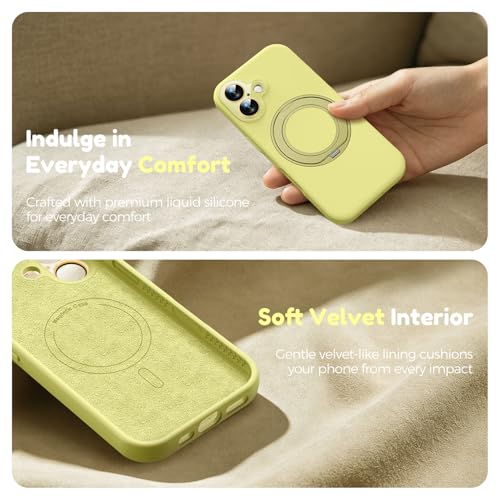 Image of Silicone 360 Spin Magnetic Stand Case for iPhone 17, [Compatible with Mag-Safe][Reinforced Hard Camera Protection] Liquid Silicone Rubber Phone Case Cover with Ring, Camera Button, Butter Yellow