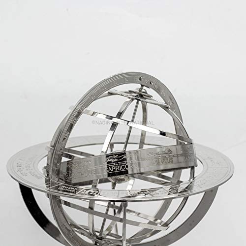 Antique Vintage Zodiac Armillary Brass Sphere Globe Wooden Display | Pirate's Antique Ship Decor | Nagina International (Large, Nickel Plated) #TOP5