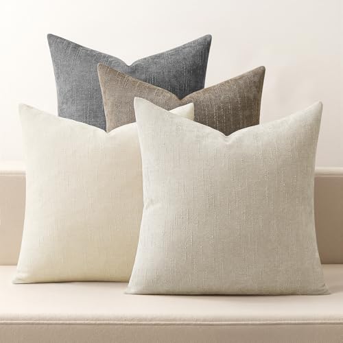 MIULEE Pack of 4 Fall Decorative Throw Pillow Covers 18x18 Inch Chenille Textured Throw Pillows Boho Farmhouse Cushion Covers Vintage Home Decor for Couch Sofa Bed Living Room，Beige Taupe Gray