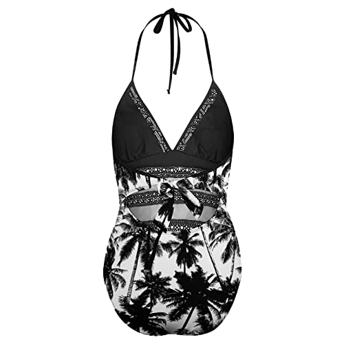 Inraine Women's One Piece Swimsuits Black Coconut Palms Leaves Hawaiian Tree On White Deep V Backless Halter Bikini Bathing Suits Tummy Control High Cut Novelty Swimwear Summer Beachwear L #TOP5