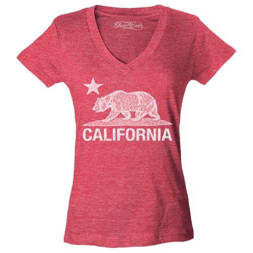 shop4ever California Distressed White Bear Women's V-Neck T-Shirt CaliShirtsMedium Heather Red16229