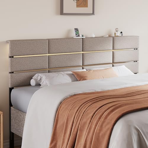 Salamir King/Cal King Size Upholstered Headboard Adjustable Head Boards with LED Light & Charging Station Bed Headboard Only Attach Frame Ideal for Bedroom Dorm Guest Room Beige