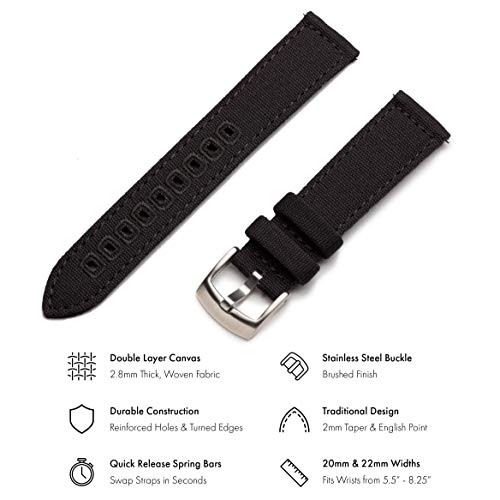 Image of Benchmark Canvas Watch Band - Quick Release Cotton Fabric Watch Straps for Men & Women (20mm, Black)