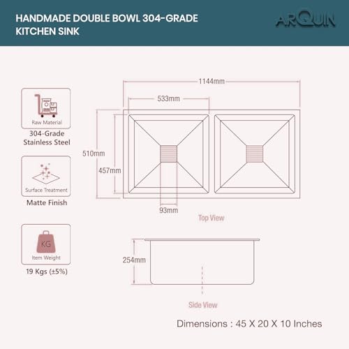 Image of ARQUIN Double Bowl Kitchen Sink with Tap Hole 45x20x10 Inch Handmade Dual Sink Heavy Stainless steel sink Including Couplings Waste Pipe Vegetable Basket Sinks For Kitchen Basin