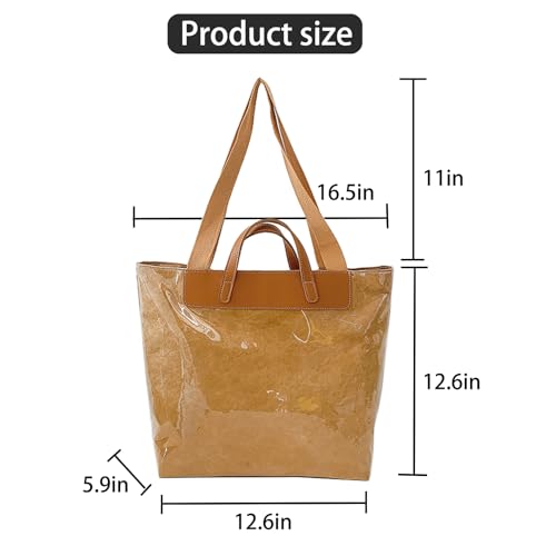 Image of PVC Clear Tote Bag for Women, Large Plastic Tote Beach Bag, Kraft Paper Hobo Handbag Purse with Top Handle