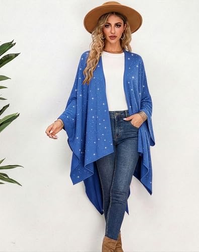 Image of Womens Rhinestones Open Front Poncho Shawl Wrap Cape Ruana Travel Blanket Cardigan