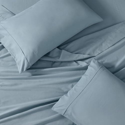 Image of LANE LINEN 100% Organic Cotton Bedsheet for King Size Bed - French Blue | GOTS Certified, Percale Weave, 108x108 inches, Soft & Breathable, Machine Washable, Includes 2 Pillow Covers