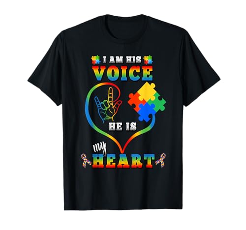Autism Awareness Mom Shirt I Am His Voice He Is My Heart Maglietta
