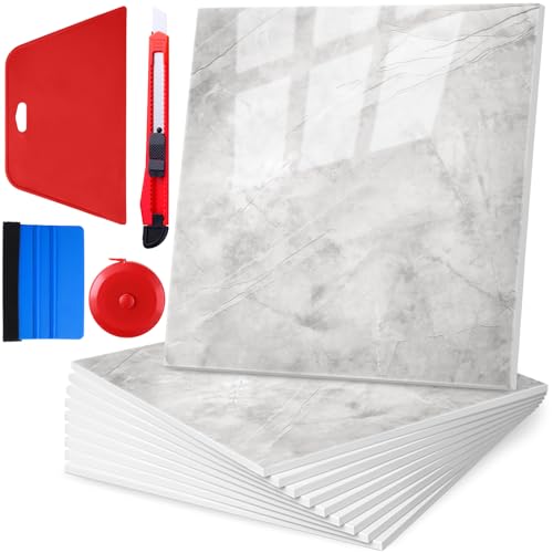 Nuanchu 36 Pcs Peel and Stick Shower Waterproof Marble Tiles Wall Panels 12 x 12 Inch Self Adhesive Backsplash with Ruler Knife & 2 Scrapers for Washroom Bathroom Living Room, Not Real Tile (Gray)