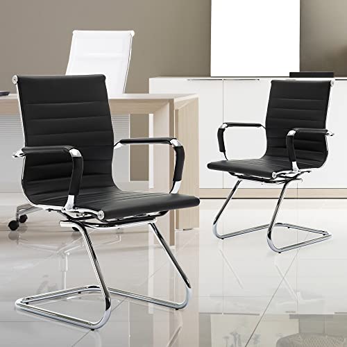 Wahson Office Guest Chairs, 2 Pack Reception Chairs For Waiting Room/Conference Room, With Faux Leather And Sled Base, Set Of 2, Black #TOP1