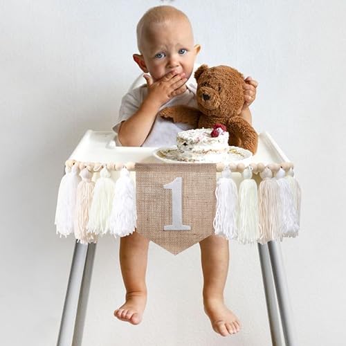 Image of 1st Birthday High Chair Banner - White Tassel Theme Banner For Girl - First Birthday Party Banner - White Fringe Wood Bead High Chair Wreath- Wall Hangings Decorative for Kids Bedroom Nursery Party Holiday Classroom Decoration (white)