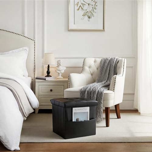 Image of Bsketa Storage Ottoman Bench,15 Inch Folding Leather Foot Rest Stool, Black | Small Ottoman with Side Pockets, Thicker Foam Padded Seat, Livingroom, Dorm, Bedroom, Easy to install, 40L, 15x15x15in