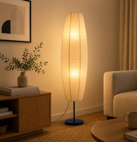 Image of XERGY Minimalist Modern Rice Paper Floor Lamp | Elegant Design | 2, E27 Bulb Socket | Stable Heavy Base for Bedroom, Office & Living Room Decor (Height- 145cm, Bulb Not Included)