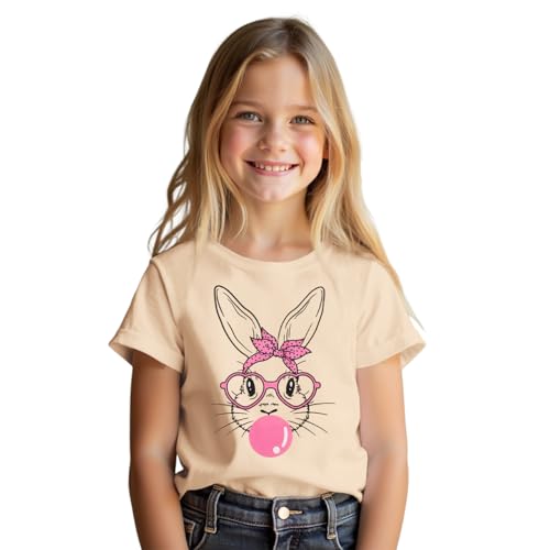 MODNTOGA Girl Happy Easter Crewneck Shirt Glasses Bunny Graphic T-Shirt Big Kid Cute Rabbit Print Easter Holiday Pullover Top - Main Image