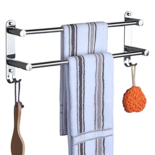 Adjustable Towel Rail 2-Tier Bath Towel Rack SUS 304 Stainless Steel Towel Shelves with Hooks Wall Mounted Towel Holder Towel Bar for Kitchen Bathroom 49-90CM, Chrome
