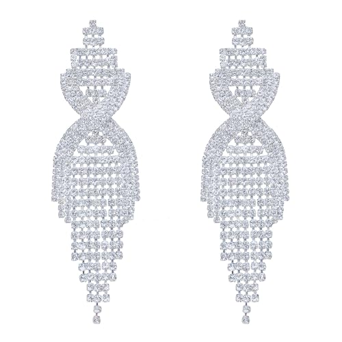 CHRAN Silver Teardrop Crystal Long Tassels Dangle Earrings Sparkling Rhinestone Ladies Gifts