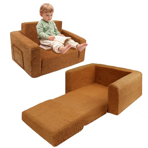 hoopyosms 2-en-1 Sofá Silla para Niños, Sofá Suave Sherpa para Niños Pequeños con Bolsillo de Almacenamiento, Sofá Plegable a Sillón para Niños, Marrón