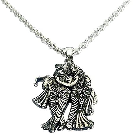Rolo Chain With Radha Krishna Pendant, Pendant For Boys | Men's Chain | Silver Polish S-hook clasp 20 Inch long Mens Fashion Wear Chain With Lord Radha Krishna Pendant-image-31
