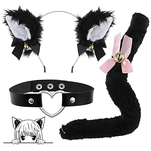 3 teiliges Katzenohren Haarreif Set,Cat Ears Stirnband Glöckchen Halskette Katze Cosplay Set Katze Ohr Stirnband Haarband Cosplay,Vintage Herz Liebeshalsband , Halloween für Frauen und Mädchen Cover