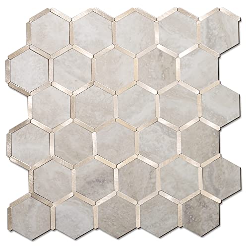 STICKGOO Hexagon Peel and Stick Backsplash Tile, Stick on Backsplash for Kitchen and Bathroom, Beige Marble Look PVC Mixed Metal Gold Self Adhesive Wall Tiles(6 Sheets, Seamless)