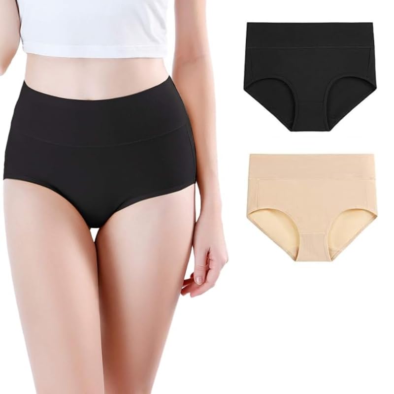 glamoras Women's Regular Cotton Spandex Underwear Tummy Control High Waist Ladies Panties Full Coverage Seamless Briefs | Free Size Soft Breathable Ladies Panties - Pack of 2 Black Begie-picture-56