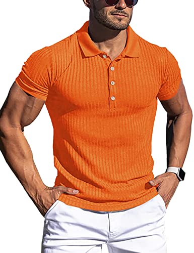 Urru Men's Muscle T Shirts Stretch Classic Ribbed Short Sleeve Casual Slim Fit Polo Golf Shirt Orange S #TOP15