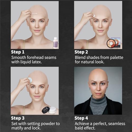 Go Ho Halloween Professional Bald Cap SFX Kit - Complete 8-Piece Makeup Set with Latex (30ml),Water Based Acrylic Adhesive(10ml),6 Colors Flesh Palette,Loose Setting Powder,Bald Cap&Applicators - Image 5
