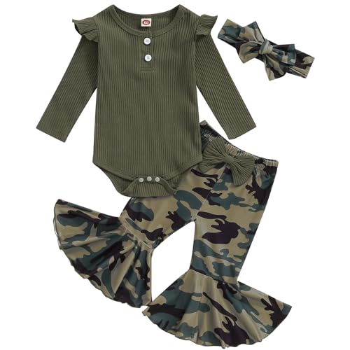 Mubineo Baby Girl Clothes Romper Pant Outfits Long Sleeve Bodysuit Tops Fashion Newborn Floral Bell Bottom Pant Outfit (Army Green Camo, 3-6 Months)