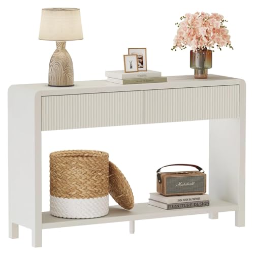 FATORRI Entryway Console Table with 2 Drawers, Modern Sofa Table for Living Room, Couch Tables Behind Sofa and Hallway Tables with Storage (47.2 inch, Antique White)