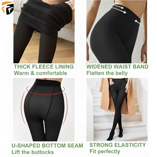 Image of FF Fleece Lined Tights Women Leggings Thermal Pantyhose Fake Translucent Opaque High Waisted Winter Warm Sheer Tight (Waist Size: 26 to 34Inch Stretchable) - Free Size