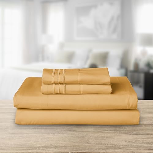 Image of Elegant Comfort Luxurious 1500 Premium Hotel Quality Microfiber Three Line Embroidered Softest 4-Piece Bed Sheet Set, Wrinkle and Fade Resistant, Full, Camel-Gold