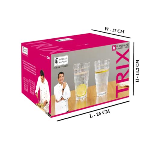 Image of Sanjeev Kapoor Trix Hi-Ball Glass Set - 380ML Transparent Glass Tumblers | Set of 6 Round Juice & Cocktail Glasses | Elegant, Durable & Stylish Drinkware for Home, Bar & Parties