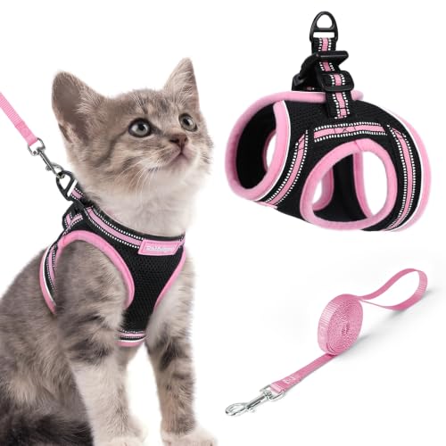 Image of rabbitgoo Cat Harness and Leash Set, Step-in Soft Vest, S, Black & Pink | Escape Proof, Lightweight Air Mesh, Easy-on, Adjustable, Hook & Loop with Buckle, Reflective, for Kittens & Tiny Cats Walks