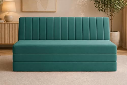 Image of Modern Velvet 3-Seater Sofa Cum Bed, Convertible Sleeper Couch Sofa for Living Room, Bedroom & Office- Green Color