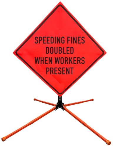 Image of OrangeGear 36 inchx36 inch Speeding Fines Doubled Mesh Sign & Steel Spring Stand | MUTCD TTC compliant orange mesh roll-up sign kit with fiberglass cross ribs and single-spring steel stand.