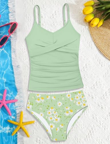 Image of Girls Swimsuit 2 Piece Bathing Suit Criss Cross Ruched Girl Tankini Sets Printed Girls' Swimwear for 9-18 Years