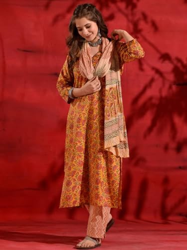 Nainvish Women's Rayon Printed Straight V-Neck Kurta Pant With Dupatta (Sd689_Kbd-L_Yellow)