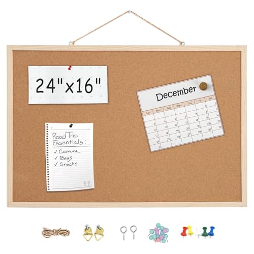 Cork Bulletin Board 16” x 24”, Double Sided Cork Boards for Walls with Wooden Frame, Office Cork Board Organizer Wall, Bulletins Board Decorative Hanging Pin Board for Home School Message Board, 1pack