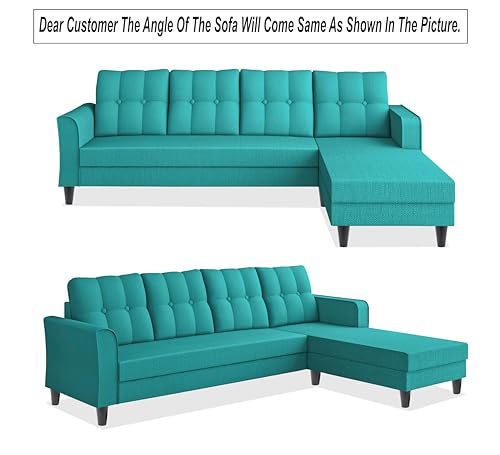 Image of Adorn India Maddox Tufted L Shape 5 Seater Sofa Wood Sofa Set RHS (Aqua Blue) (3 Year Warranty)