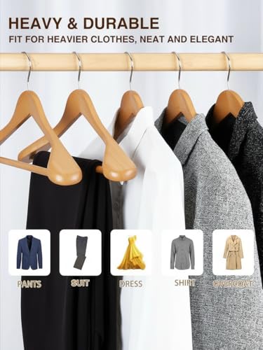 Image of Ginoya Brothers Wide Shoulder Wooden Hangers, Suit Hangers with Non Slip Pants Bar, Smooth Finish 360 Swivel Hook Solid Wood Coat Hangers for Dress, Jacket, Heavy Clothes Hanger. (2)