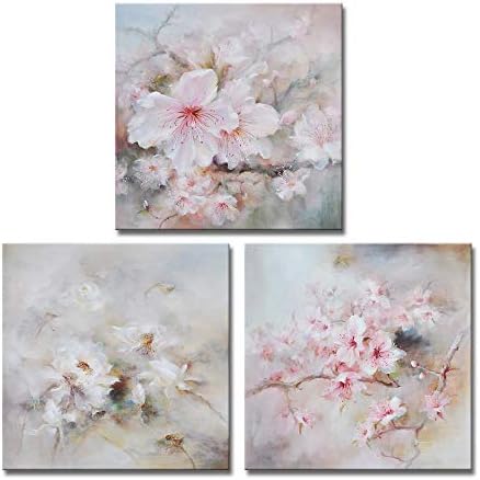 DekHome 3 Pieces Cherry Blossoms in Spring Print Gallery Wrap Modern Home Decor Elegant Flowers Wall Art Abstract Floral Paintings on Canvas Wall Art for Bedroom Girls Room Ready to Hang 12"x12"x3pcs