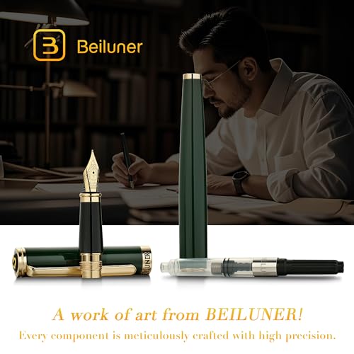 Image of BEILUNER Racing Green Fountain Pen,Stunning Luxury Pens with 24K Gold Finish, Gorgeous 24K Gilded Nib(Fine), Trustworthy Gift for Men&Women -Ink Converter-Elegant, Graduation,Fancy Pen for Writing