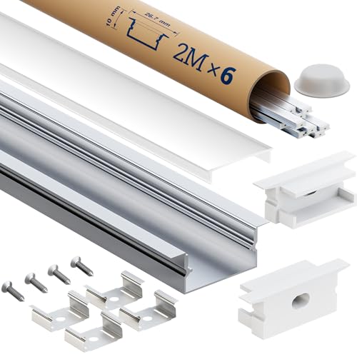 Oscilunaria Profilé LED en Aluminium 2m – Lot de 6 Rails LED avec Diffuseur | Pour Rubans LED jusqu’à 15mm | Dimensions 26,7 × 10mm | Inclus embouts, vis et clips de montage (SL02, 2M 6 pièces)