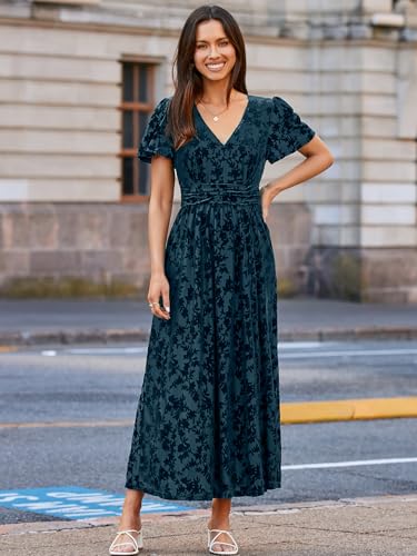 Image of Simplee Women's Velvet Maxi Dress V Neck Short Sleeve Empire Waist Semi Formal Long Cocktail Dresses