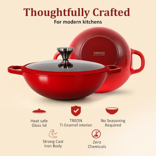Image of Vinod Freya Cast Iron Deep Kadai with Glass Lid, 22 cm 1.9 L | TREON Technology Enamel Kadhai for Frying, Sabzi, & Cooking | No Seasoning Required | Induction & Gas Stove Compatible | 100% Non-Toxic