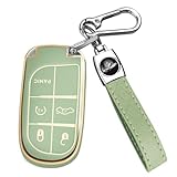 QBUC for Jeep Key Fob Cover with leather Keychain TPU Protection Key Case Compatible with Grand Cherokee Renegade Smart Key