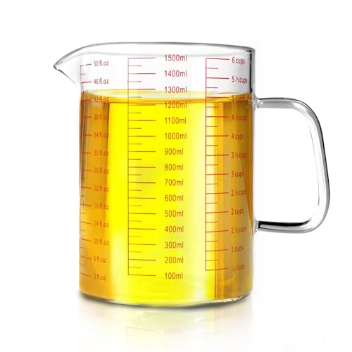 WhiteRhino Glass Measuring Cup,6Cup/1500ml/50oz Liquid Measuring Cups, Measuring Cup With Handle and V-Shaped Spout, Glass Beaker with Three Scales (OZ, Cup, ML), Dishwasher/Freezer/Microwave Safe